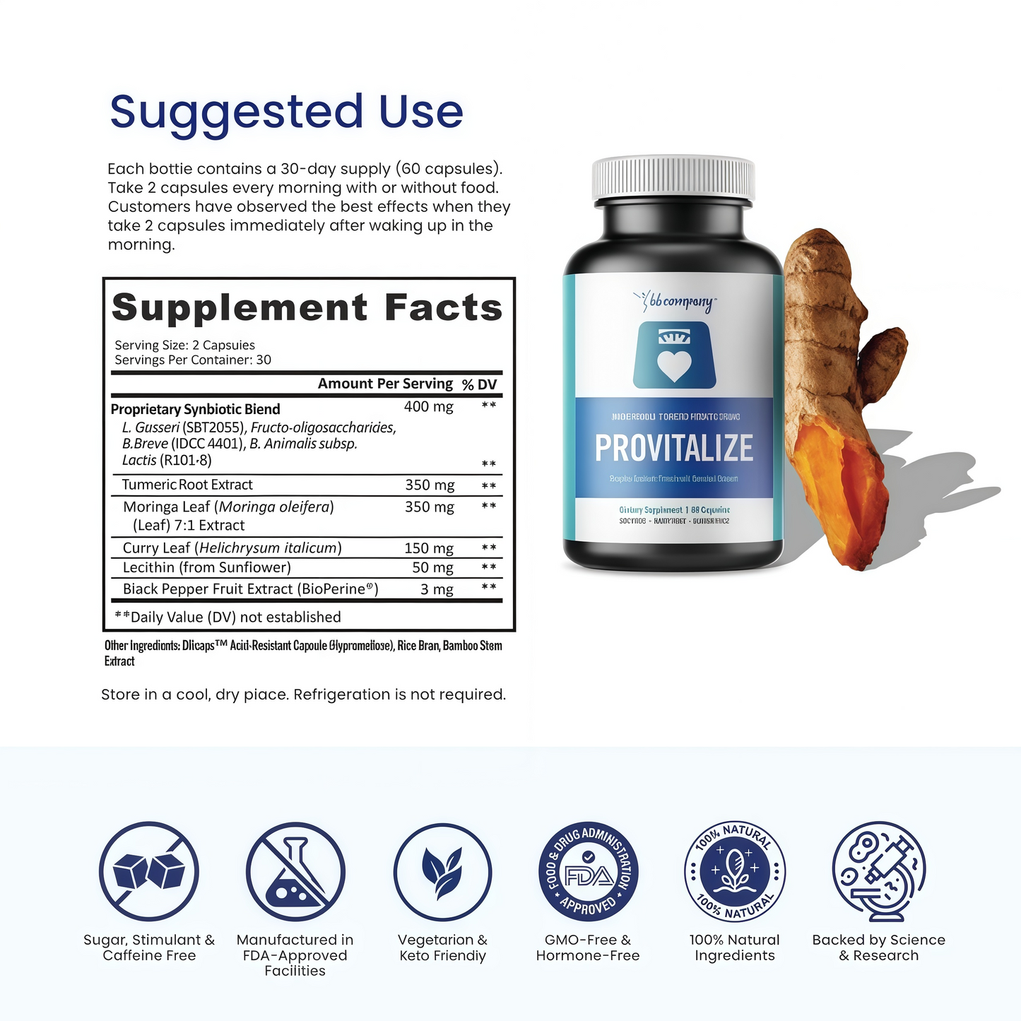 BB Company Provitalize | Probiotics for Women Digestive Health, Menopause,Joint Support | Sexy Midsection Curves,Bloat | Turmeric Curcumin Moringa |Gluten-Free & Shelf-Stable | Ages 40+ | 60Ct